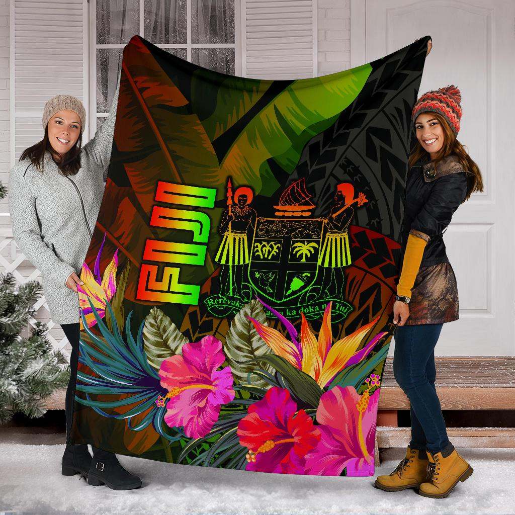 Fiji Polynesian Premium Blanket - Hibiscus and Banana Leaves-Myprintsy