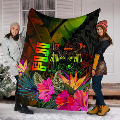 Fiji Polynesian Premium Blanket - Hibiscus and Banana Leaves-Myprintsy