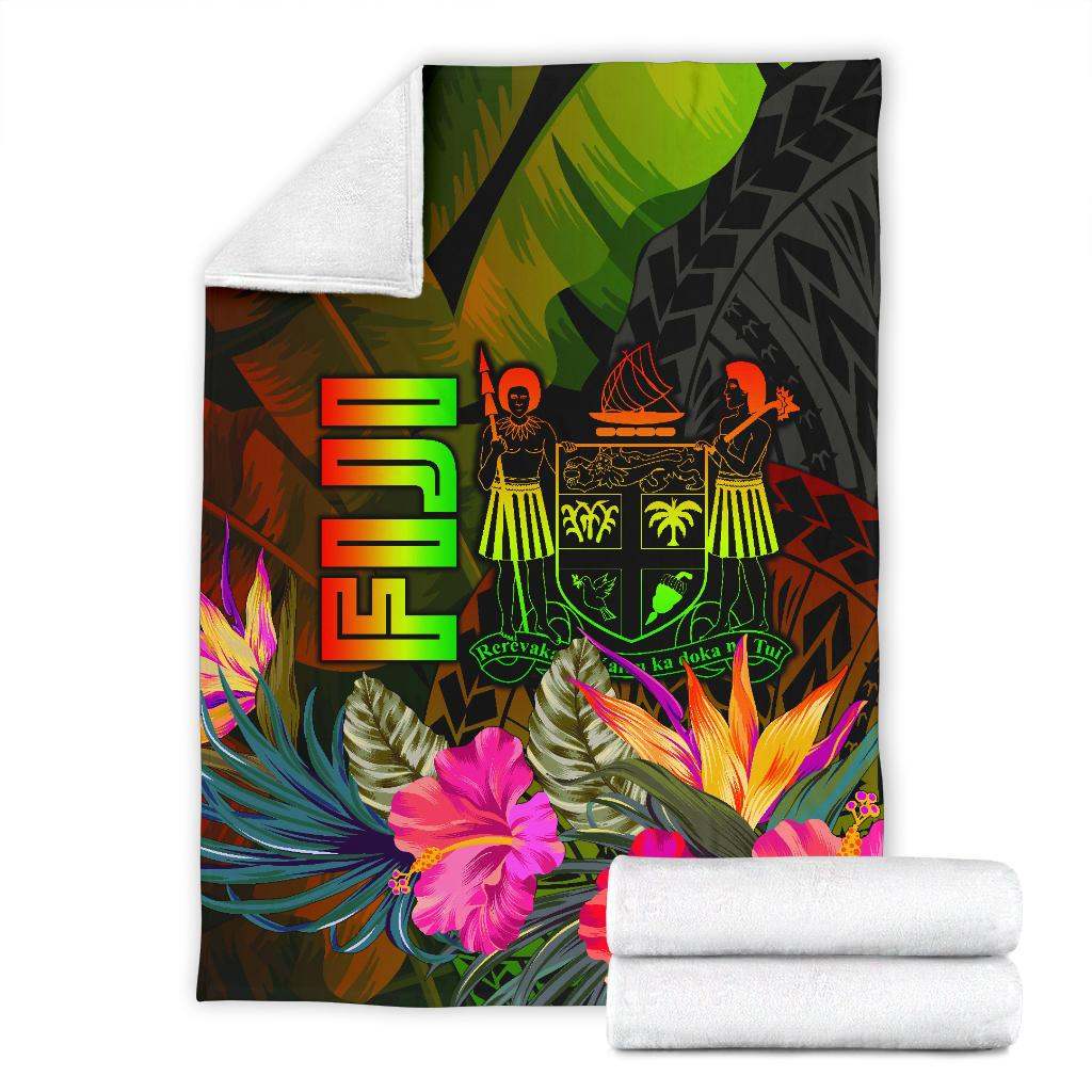 Fiji Polynesian Premium Blanket - Hibiscus and Banana Leaves-Myprintsy