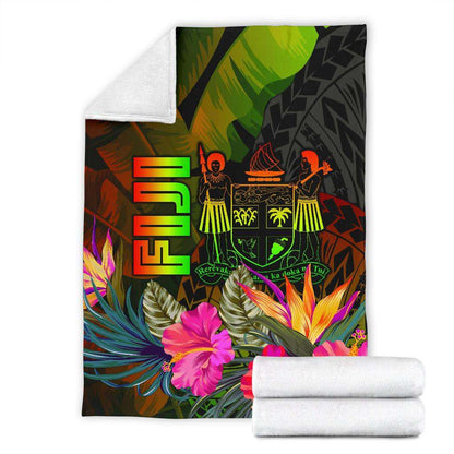 Fiji Polynesian Premium Blanket - Hibiscus and Banana Leaves-Myprintsy