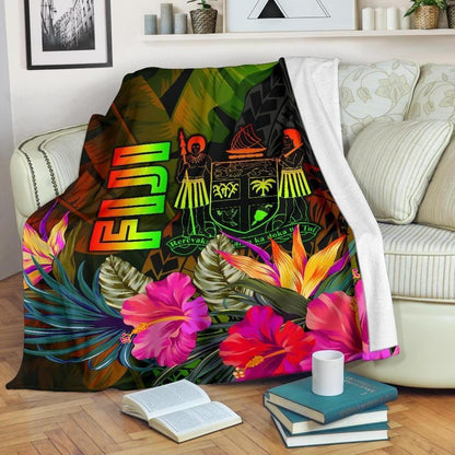 Fiji Polynesian Premium Blanket - Hibiscus and Banana Leaves-Myprintsy