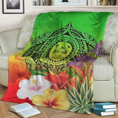 Fiji Polynesian Premium Blanket - Manta Ray Tropical Flowers (Green)-Myprintsy