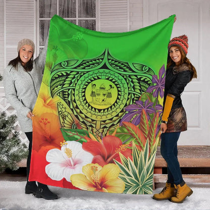 Fiji Polynesian Premium Blanket - Manta Ray Tropical Flowers (Green)-Myprintsy