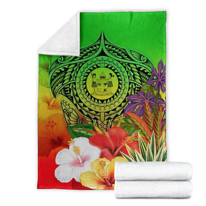 Fiji Polynesian Premium Blanket - Manta Ray Tropical Flowers (Green)-Myprintsy