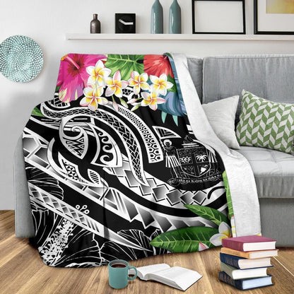 Fiji Polynesian Premium Blanket - Summer Plumeria (Black)-Myprintsy