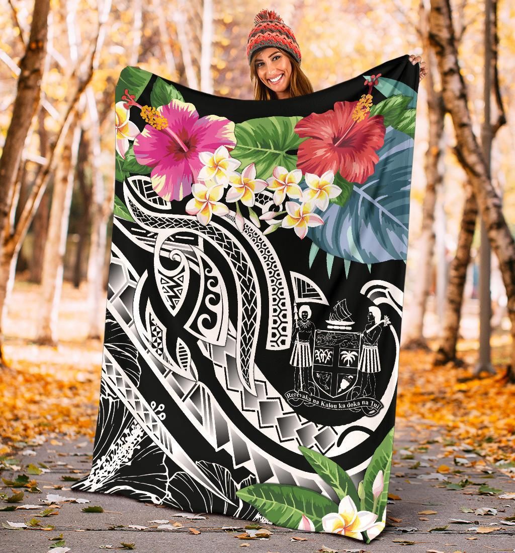 Fiji Polynesian Premium Blanket - Summer Plumeria (Black)-Myprintsy