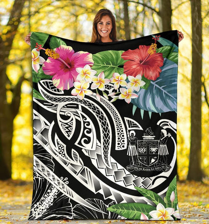 Fiji Polynesian Premium Blanket - Summer Plumeria (Black)-Myprintsy
