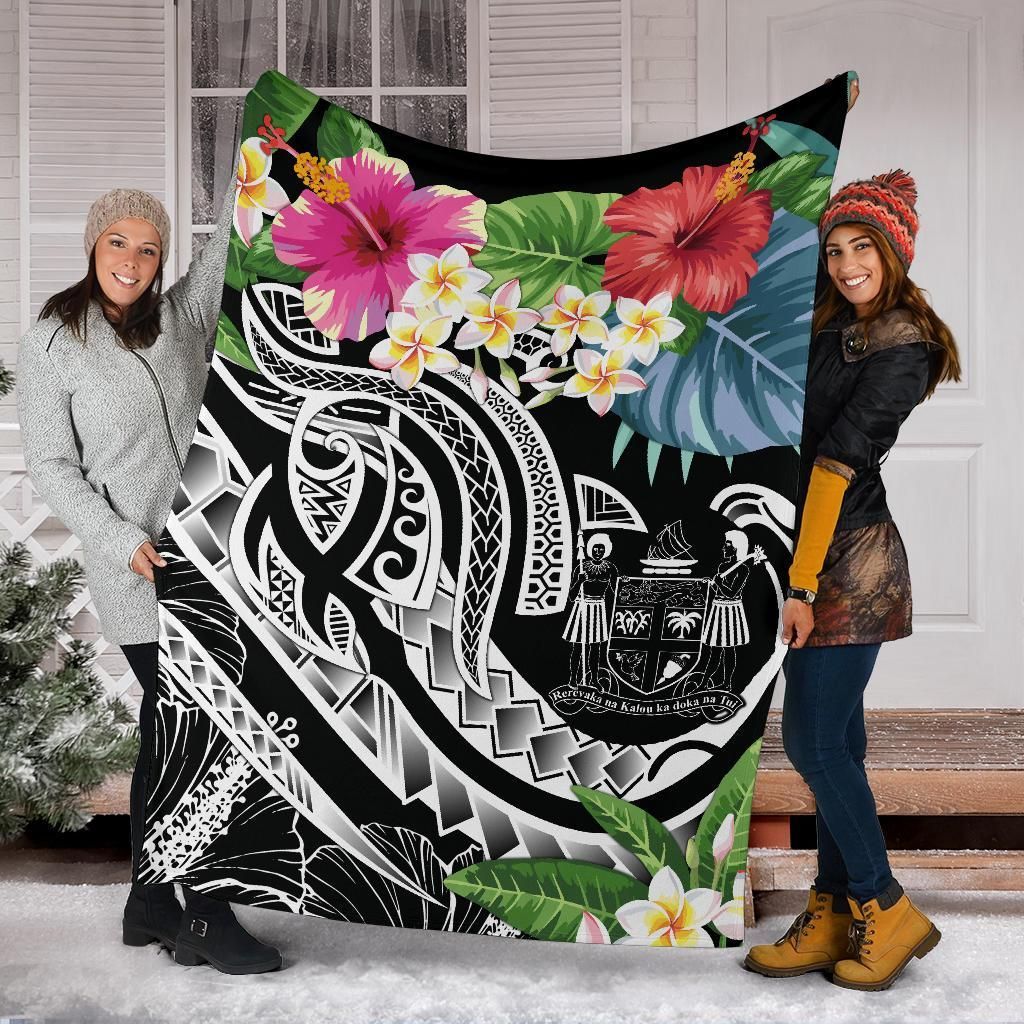 Fiji Polynesian Premium Blanket - Summer Plumeria (Black)-Myprintsy