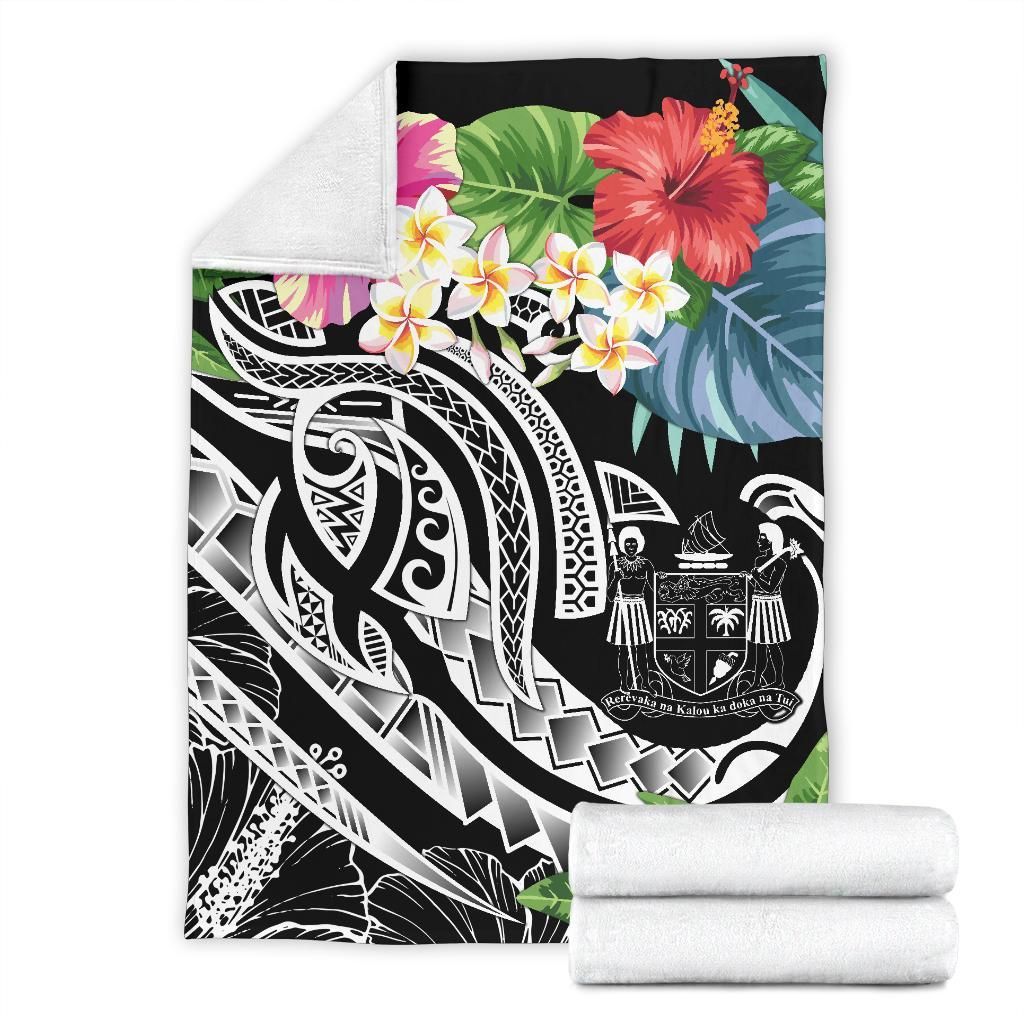 Fiji Polynesian Premium Blanket - Summer Plumeria (Black)-Myprintsy