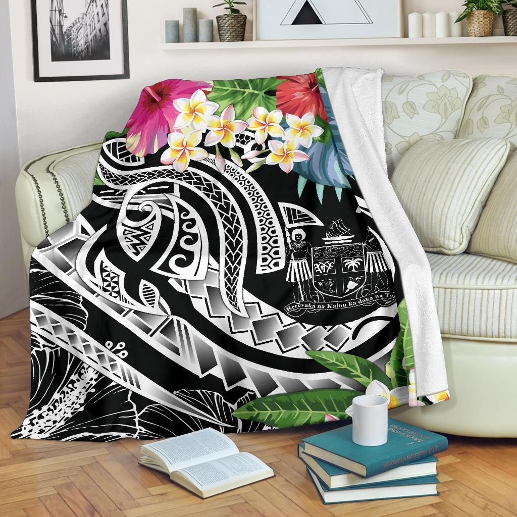Fiji Polynesian Premium Blanket - Summer Plumeria (Black)-Myprintsy