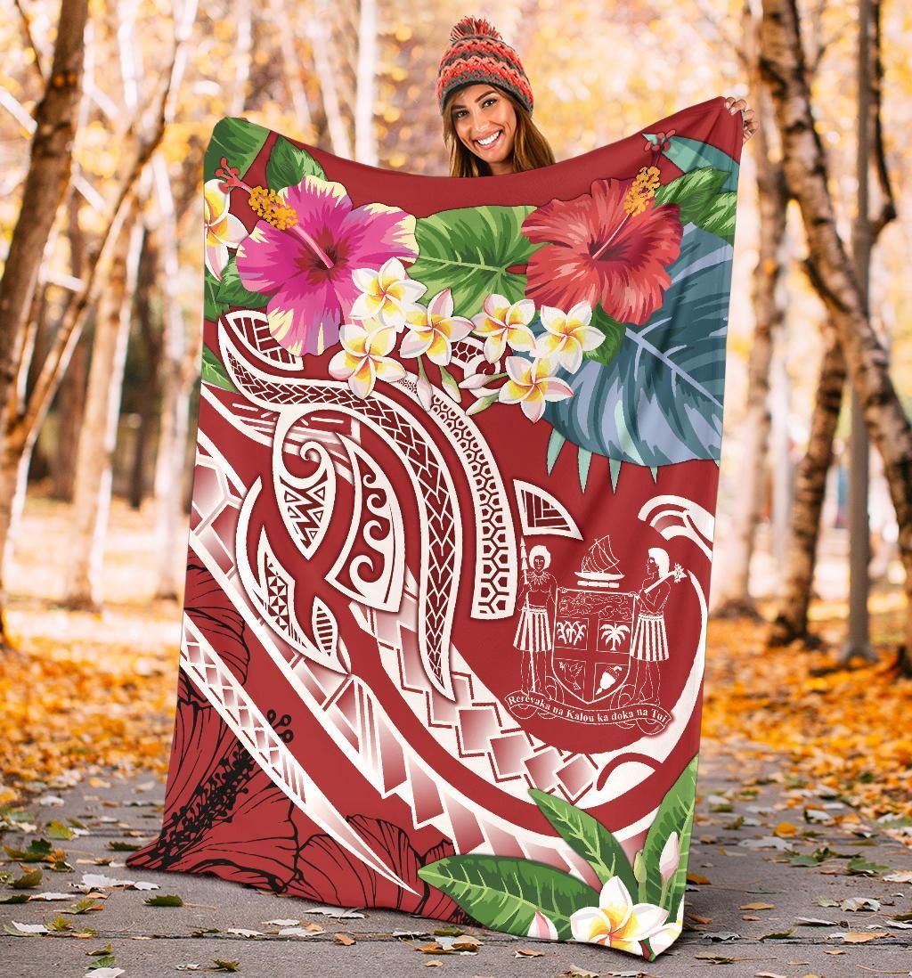 Fiji Polynesian Premium Blanket - Summer Plumeria (Red)-Myprintsy