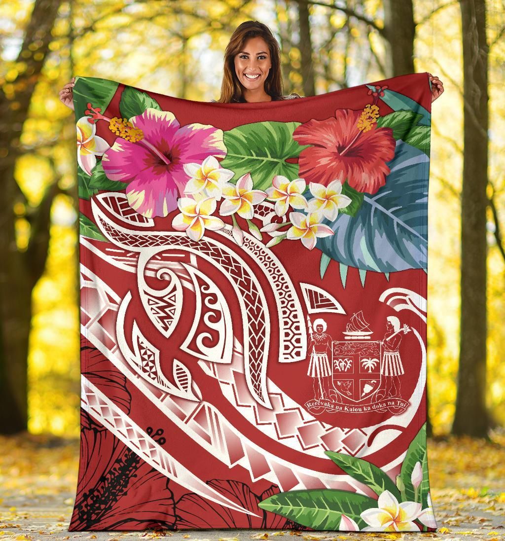 Fiji Polynesian Premium Blanket - Summer Plumeria (Red)-Myprintsy