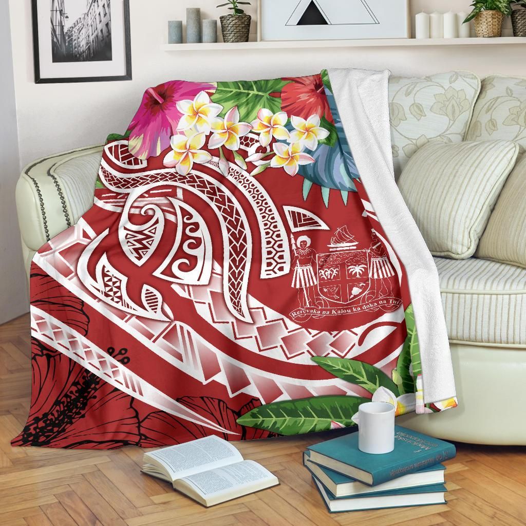 Fiji Polynesian Premium Blanket - Summer Plumeria (Red)-Myprintsy