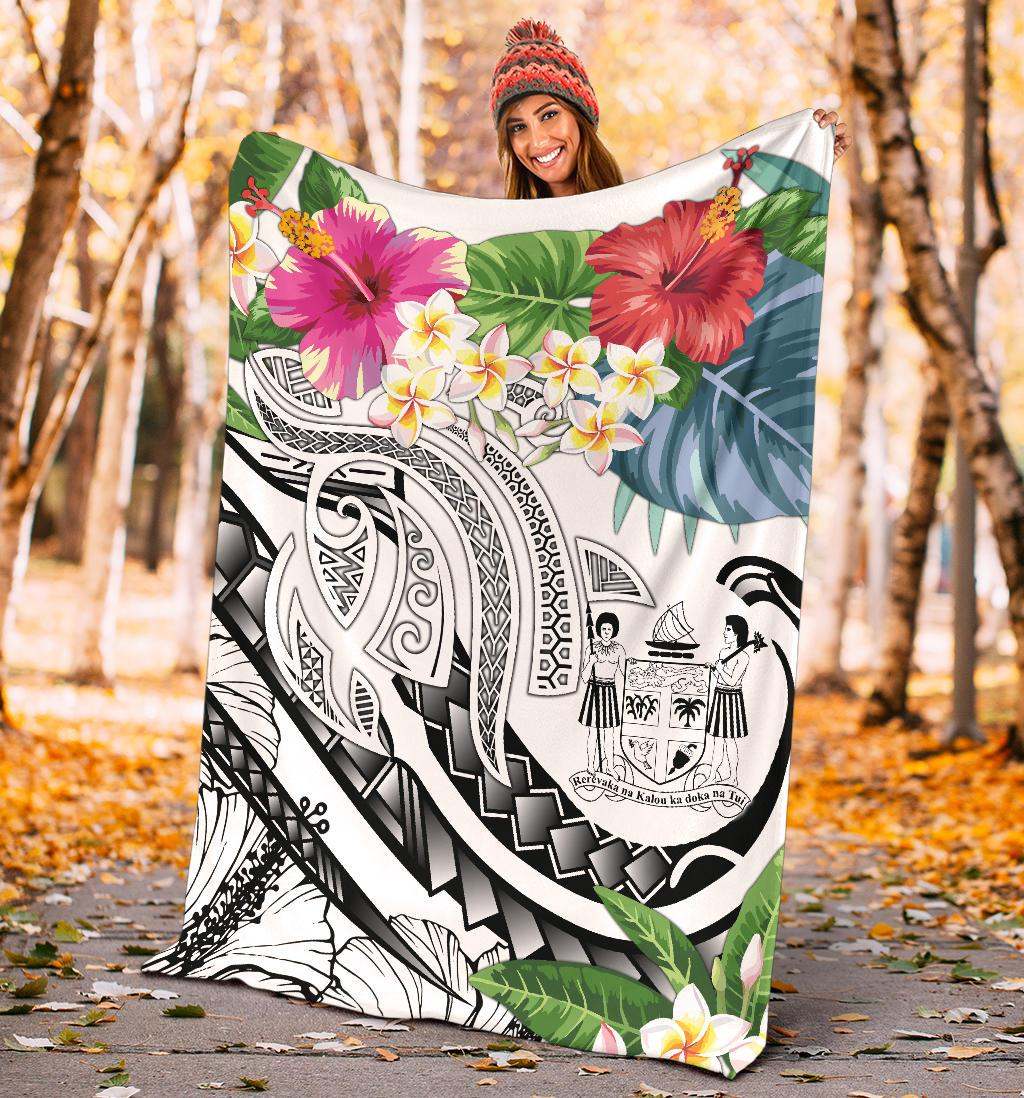 Fiji Polynesian Premium Blanket - Summer Plumeria (White)-Myprintsy