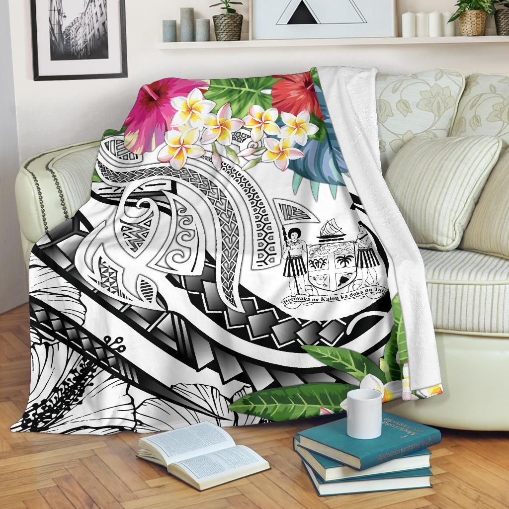 Fiji Polynesian Premium Blanket - Summer Plumeria (White)-Myprintsy