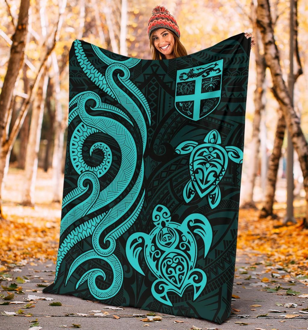 Fiji Polynesian Premium Blanket - Turquoise Tentacle Turtle-Myprintsy