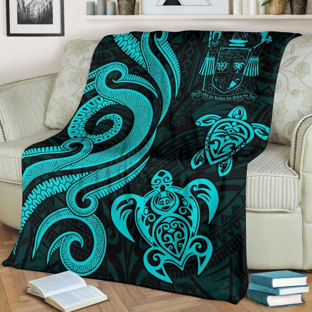 Fiji Polynesian Premium Blanket - Turquoise Tentacle Turtle Crest-Myprintsy