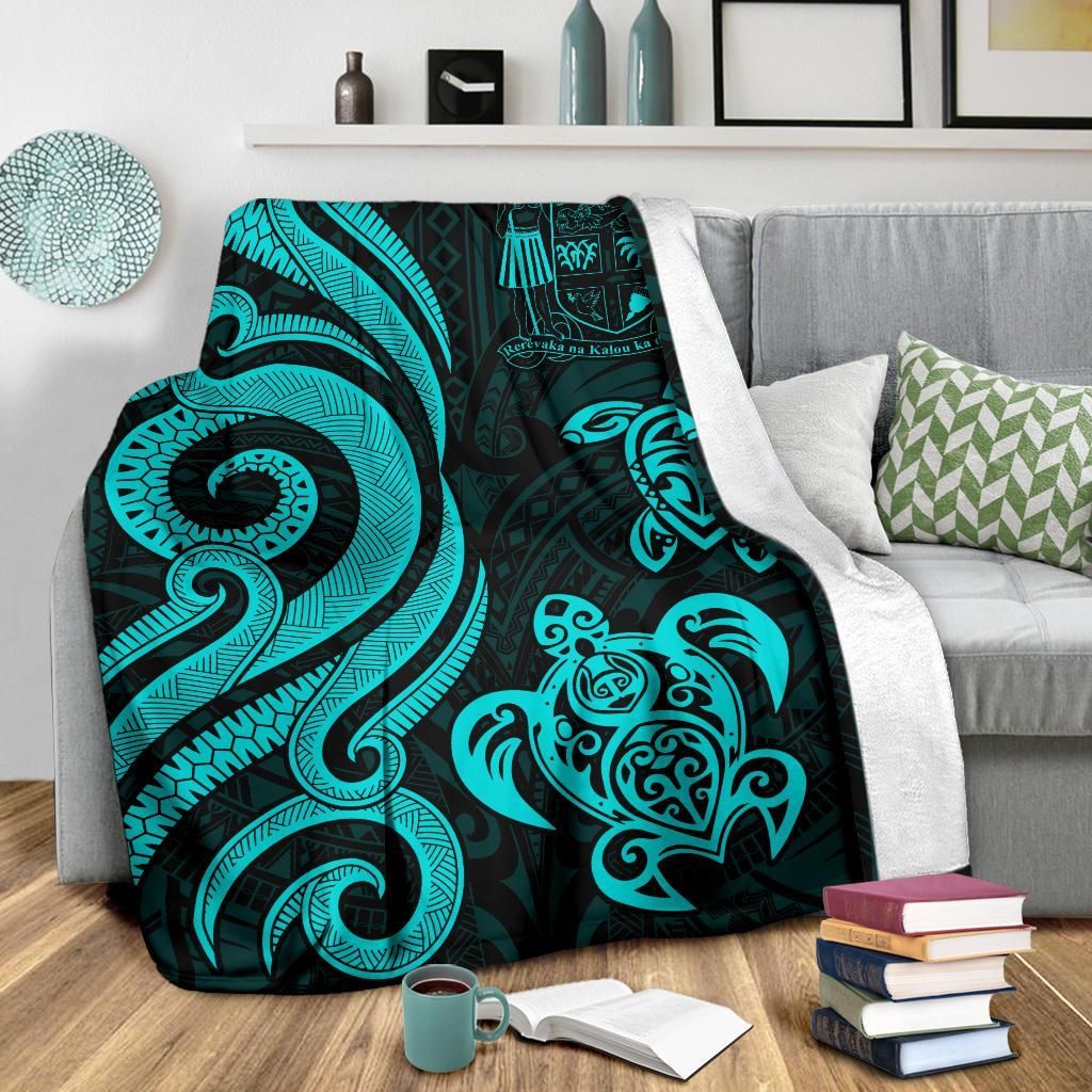 Fiji Polynesian Premium Blanket - Turquoise Tentacle Turtle Crest-Myprintsy