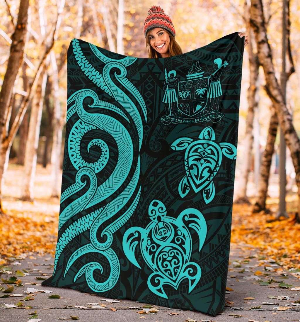 Fiji Polynesian Premium Blanket - Turquoise Tentacle Turtle Crest-Myprintsy