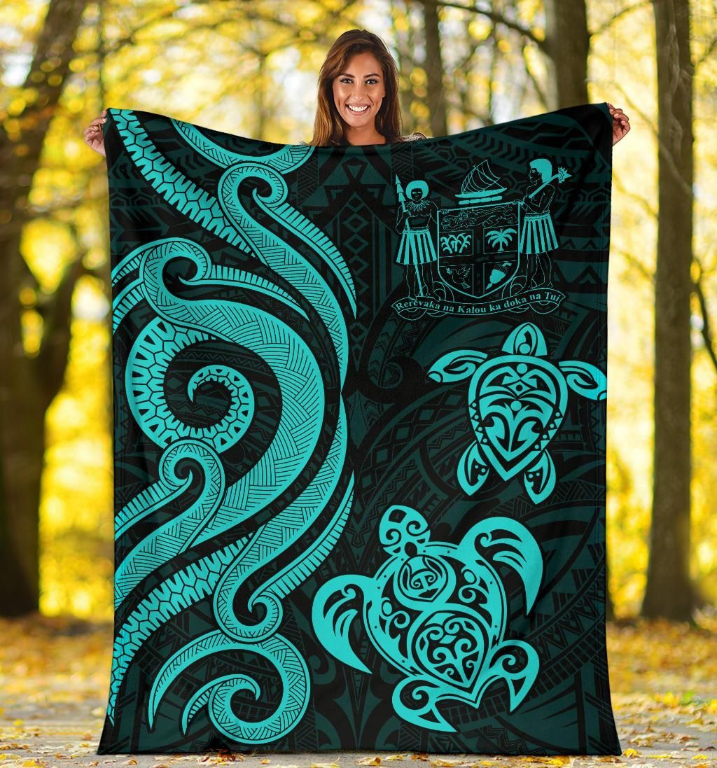 Fiji Polynesian Premium Blanket - Turquoise Tentacle Turtle Crest-Myprintsy