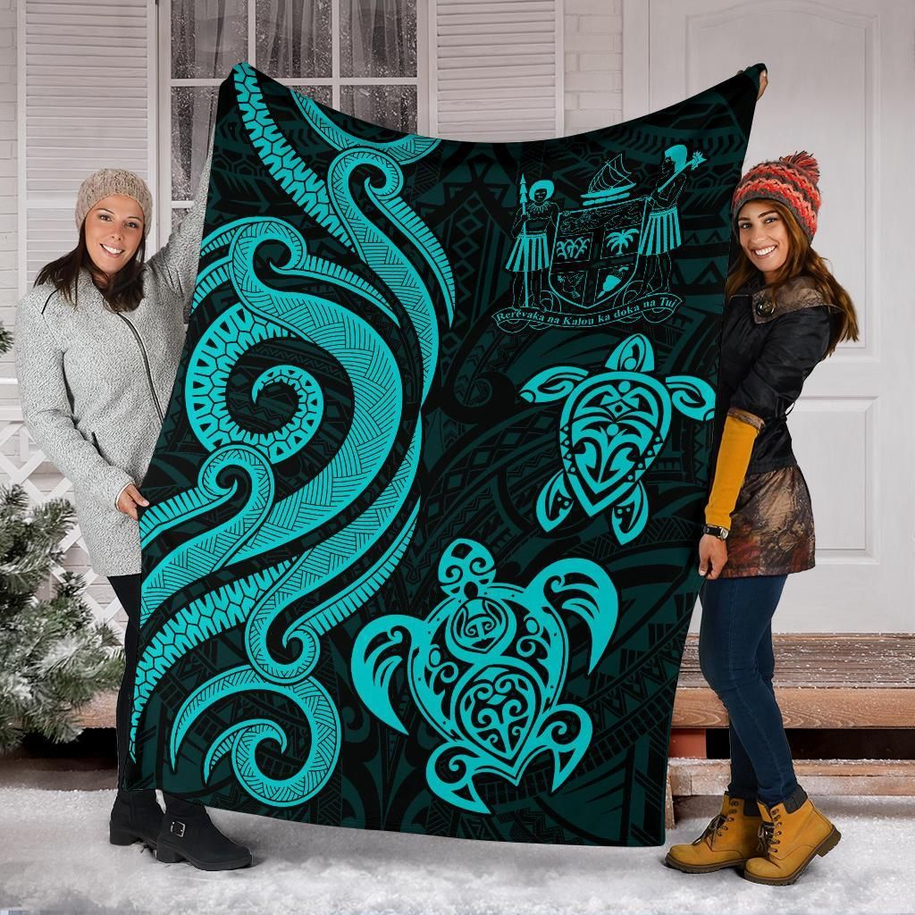 Fiji Polynesian Premium Blanket - Turquoise Tentacle Turtle Crest-Myprintsy