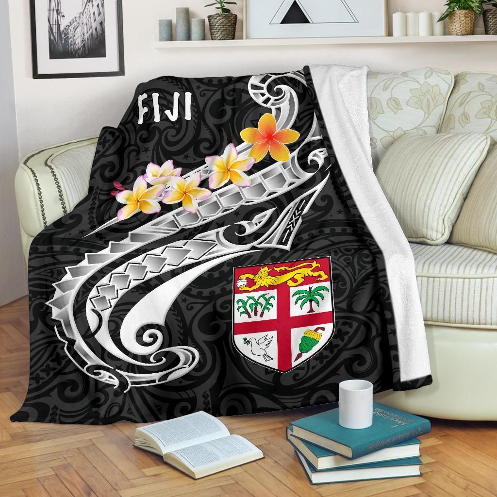 Fiji Premium Blanket- Fiji Seal Polynesian Patterns Plumeria (Black)-Myprintsy