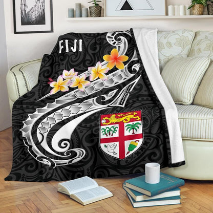 Fiji Premium Blanket- Fiji Seal Polynesian Patterns Plumeria (Black)-Myprintsy