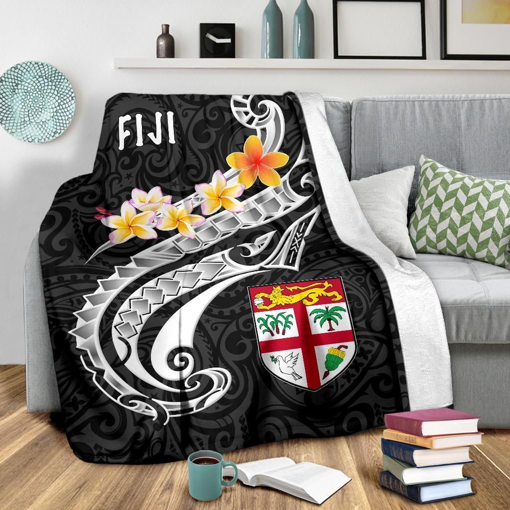 Fiji Premium Blanket- Fiji Seal Polynesian Patterns Plumeria (Black)-Myprintsy