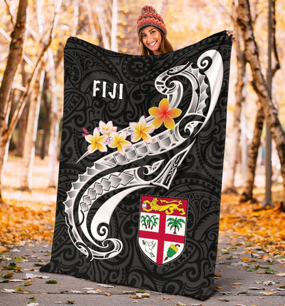 Fiji Premium Blanket- Fiji Seal Polynesian Patterns Plumeria (Black)-Myprintsy