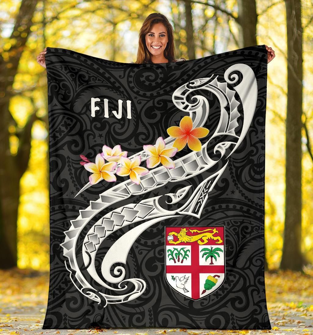Fiji Premium Blanket- Fiji Seal Polynesian Patterns Plumeria (Black)-Myprintsy