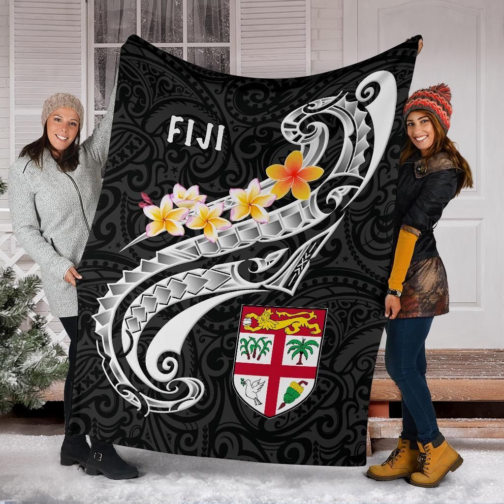Fiji Premium Blanket- Fiji Seal Polynesian Patterns Plumeria (Black)-Myprintsy