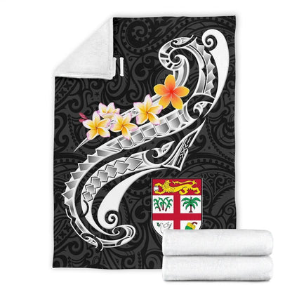 Fiji Premium Blanket- Fiji Seal Polynesian Patterns Plumeria (Black)-Myprintsy