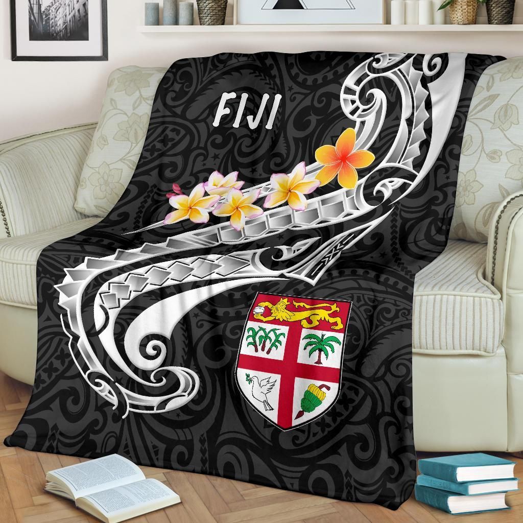 Fiji Premium Blanket- Fiji Seal Polynesian Patterns Plumeria (Black)-Myprintsy