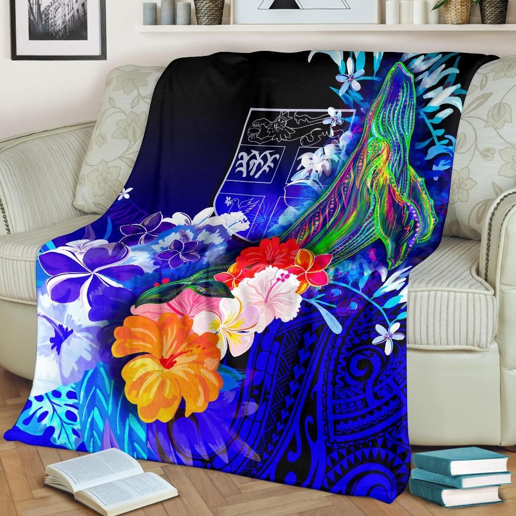 Fiji Premium Blanket - Humpback Whale with Tropical Flowers (Blue)-Myprintsy