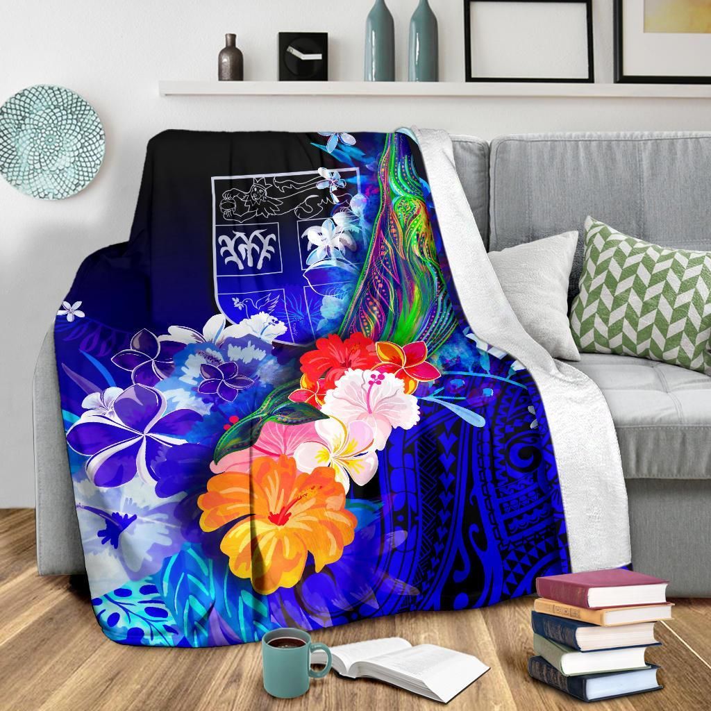 Fiji Premium Blanket - Humpback Whale with Tropical Flowers (Blue)-Myprintsy