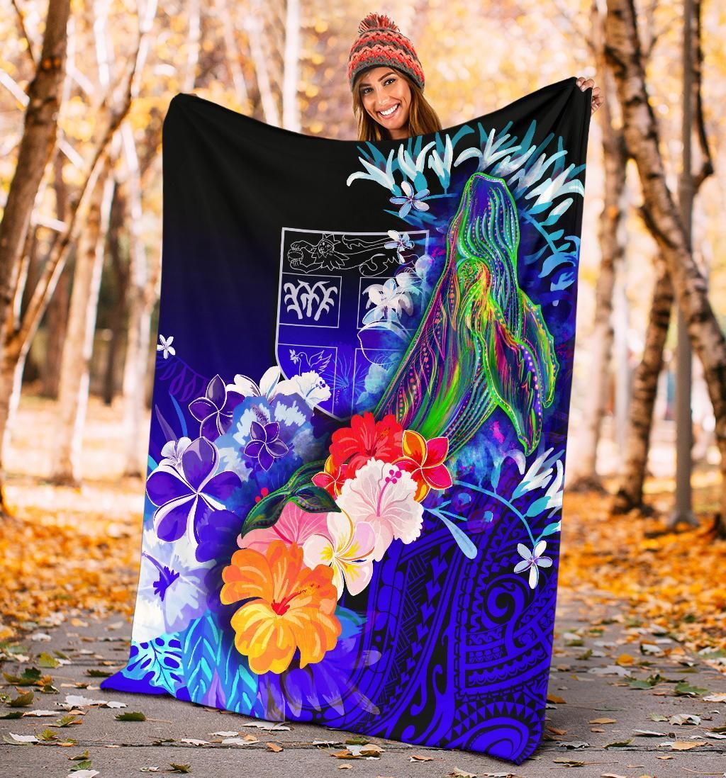 Fiji Premium Blanket - Humpback Whale with Tropical Flowers (Blue)-Myprintsy