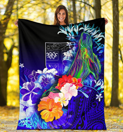 Fiji Premium Blanket - Humpback Whale with Tropical Flowers (Blue)-Myprintsy