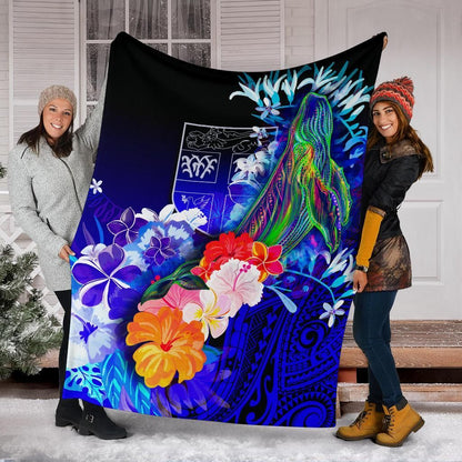 Fiji Premium Blanket - Humpback Whale with Tropical Flowers (Blue)-Myprintsy