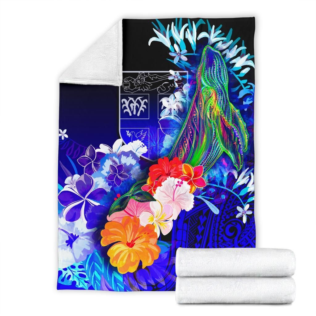 Fiji Premium Blanket - Humpback Whale with Tropical Flowers (Blue)-Myprintsy
