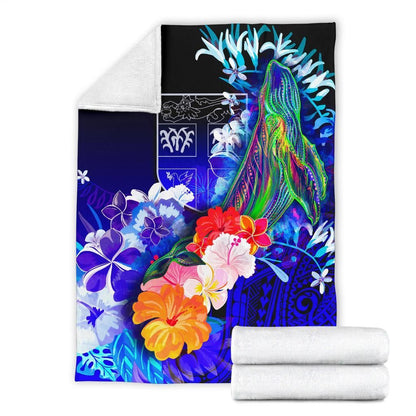 Fiji Premium Blanket - Humpback Whale with Tropical Flowers (Blue)-Myprintsy