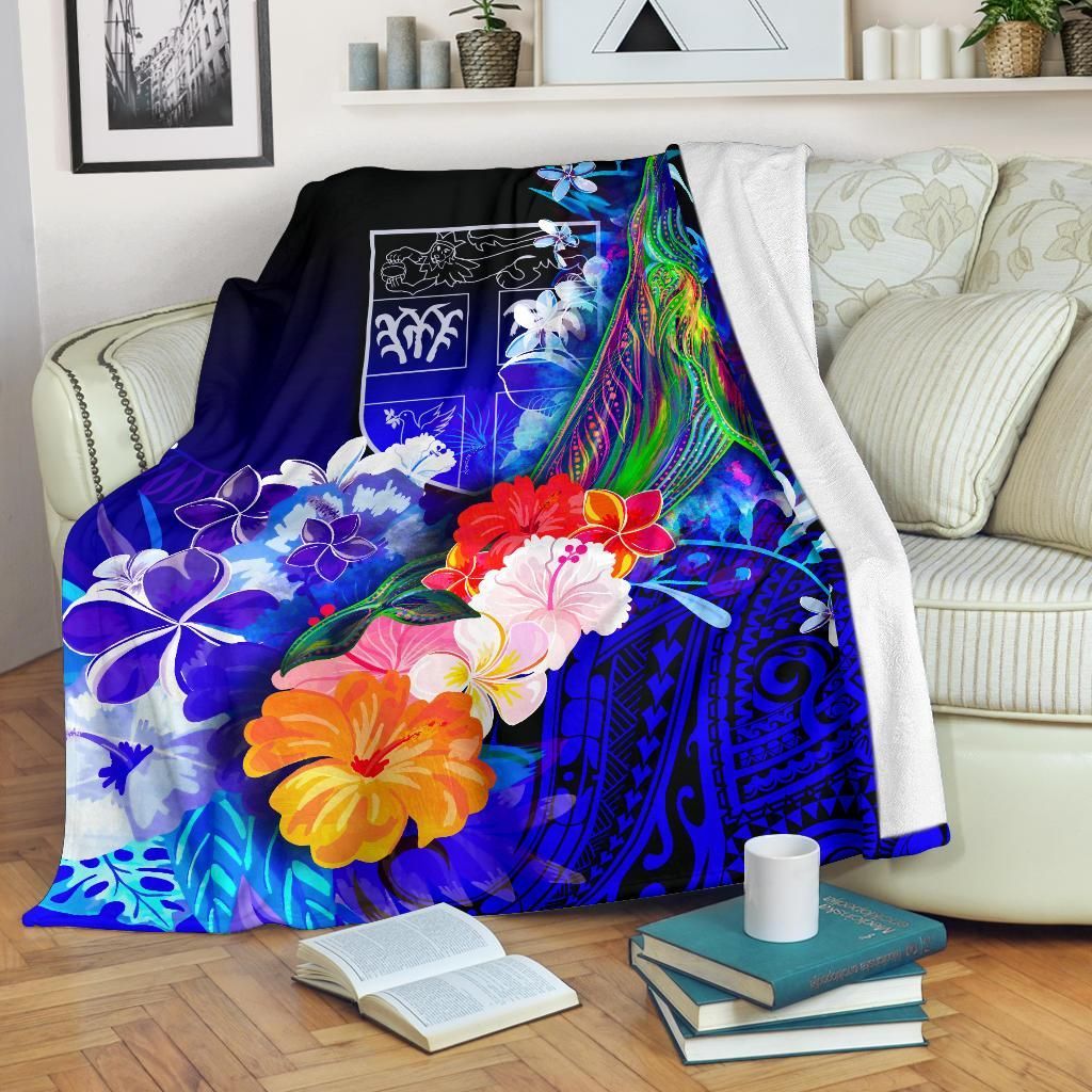 Fiji Premium Blanket - Humpback Whale with Tropical Flowers (Blue)-Myprintsy