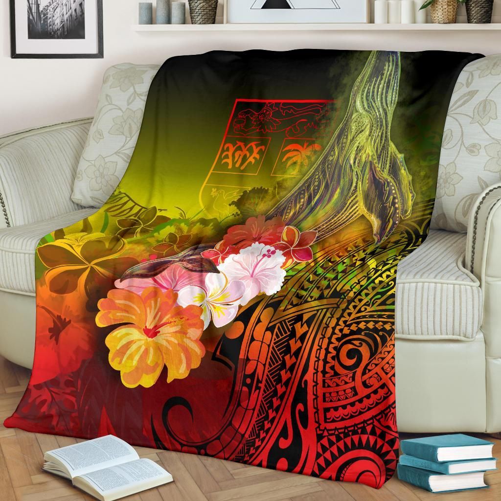 Fiji Premium Blanket - Humpback Whale with Tropical Flowers (Yellow)-Myprintsy