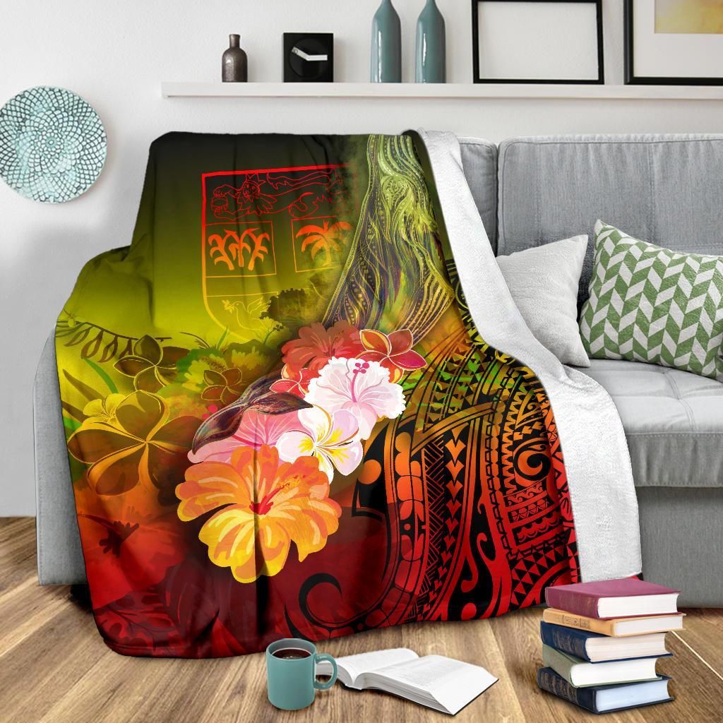 Fiji Premium Blanket - Humpback Whale with Tropical Flowers (Yellow)-Myprintsy
