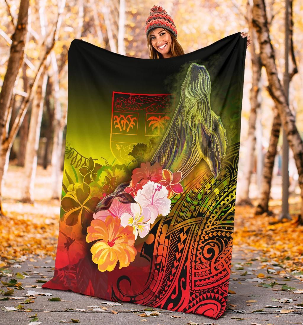 Fiji Premium Blanket - Humpback Whale with Tropical Flowers (Yellow)-Myprintsy