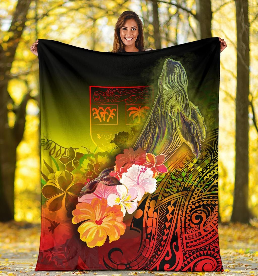 Fiji Premium Blanket - Humpback Whale with Tropical Flowers (Yellow)-Myprintsy