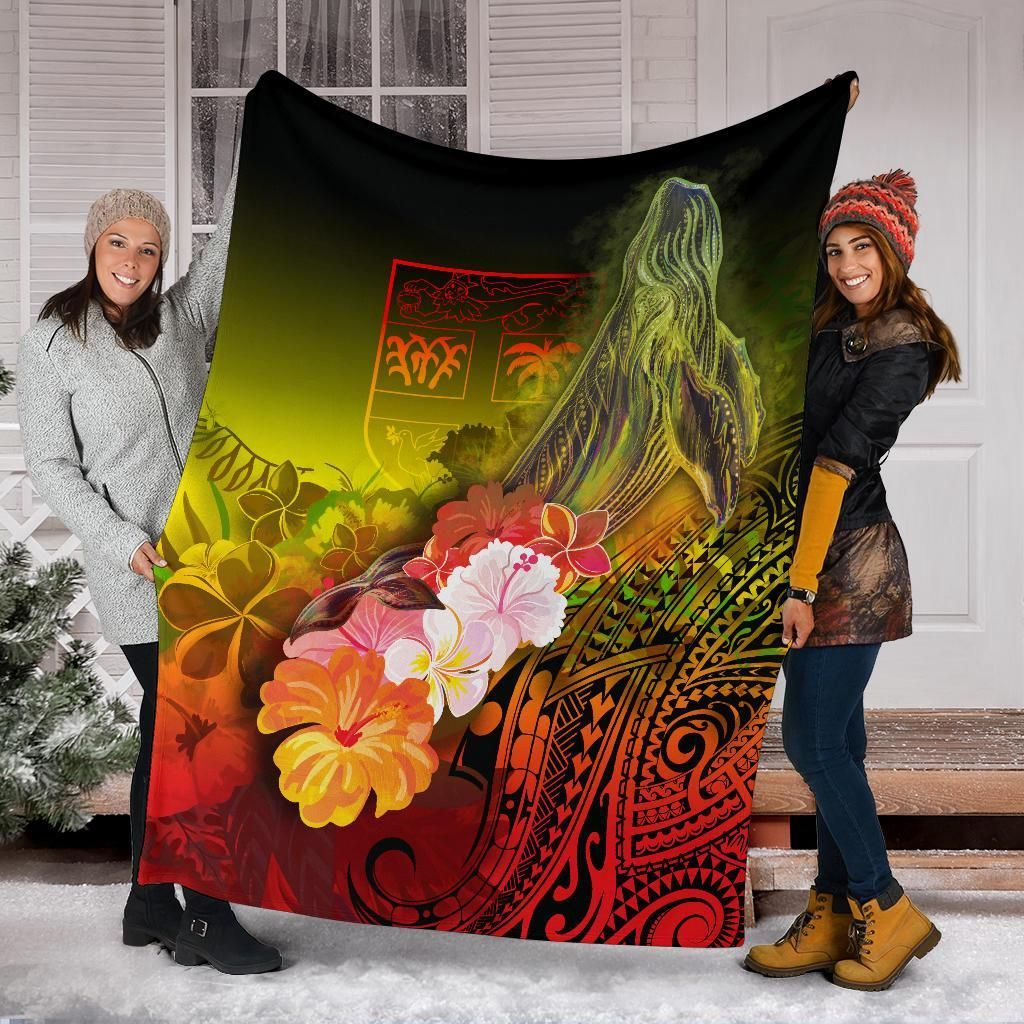 Fiji Premium Blanket - Humpback Whale with Tropical Flowers (Yellow)-Myprintsy