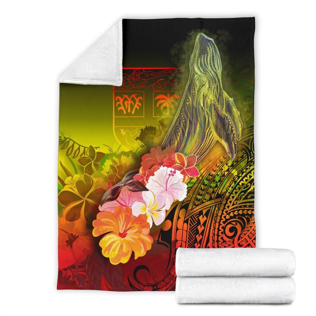 Fiji Premium Blanket - Humpback Whale with Tropical Flowers (Yellow)-Myprintsy