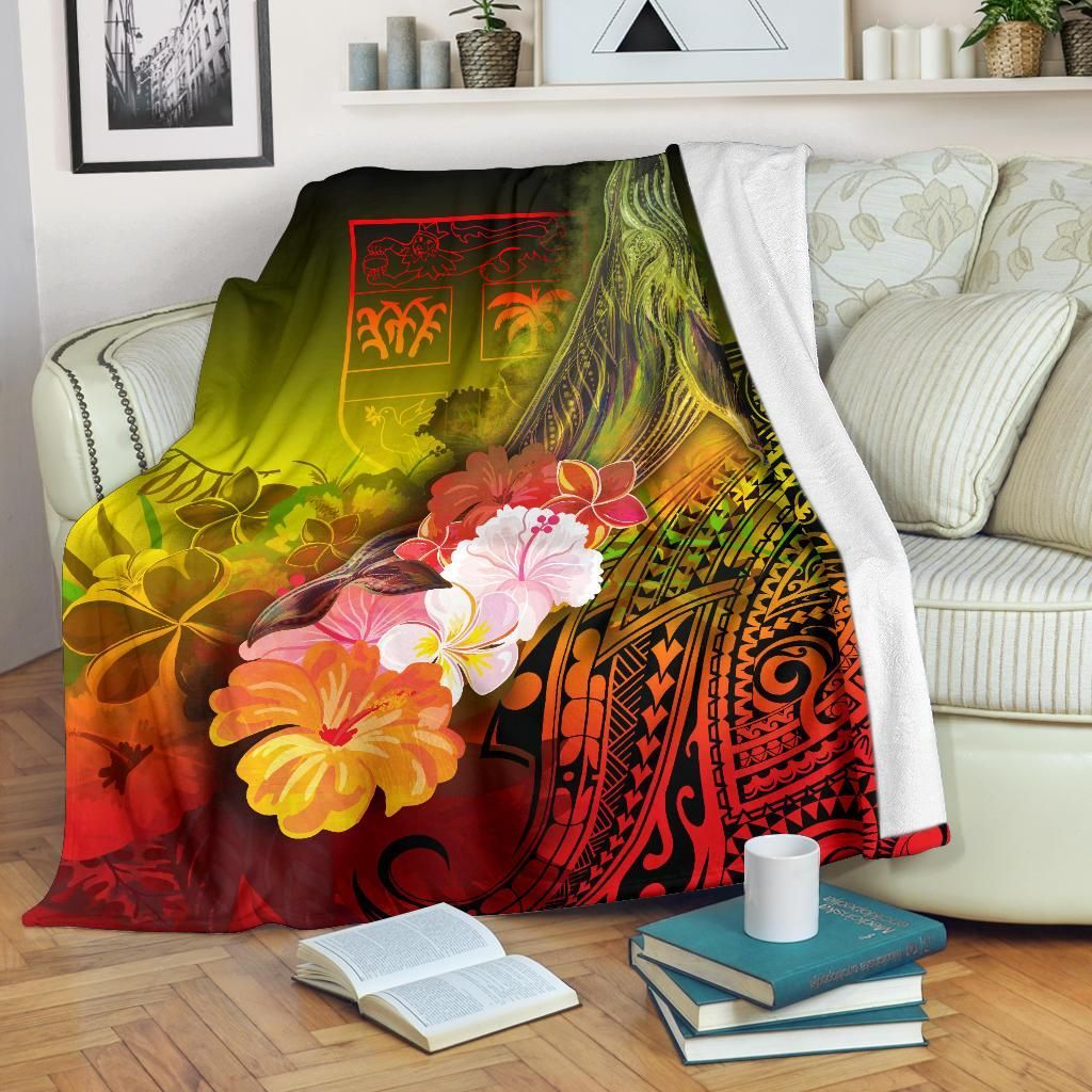 Fiji Premium Blanket - Humpback Whale with Tropical Flowers (Yellow)-Myprintsy