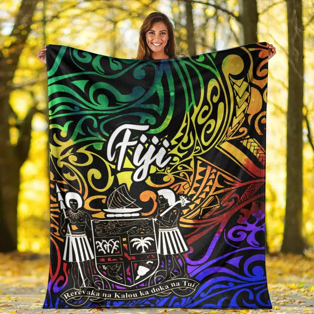 Fiji Premium Blanket - Rainbow Polynesian Pattern Crest-Myprintsy