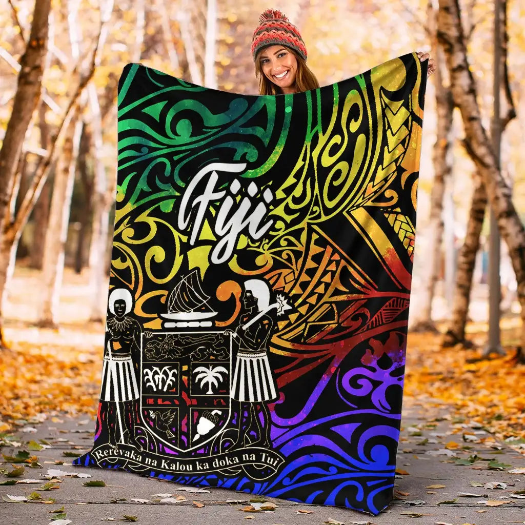 Fiji Premium Blanket - Rainbow Polynesian Pattern Crest-Myprintsy